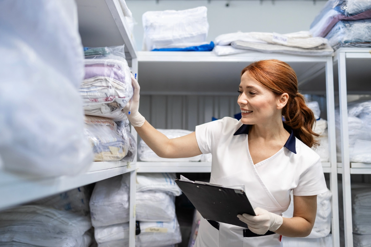Hotel Worker In Linen Storage Closet 1200X800