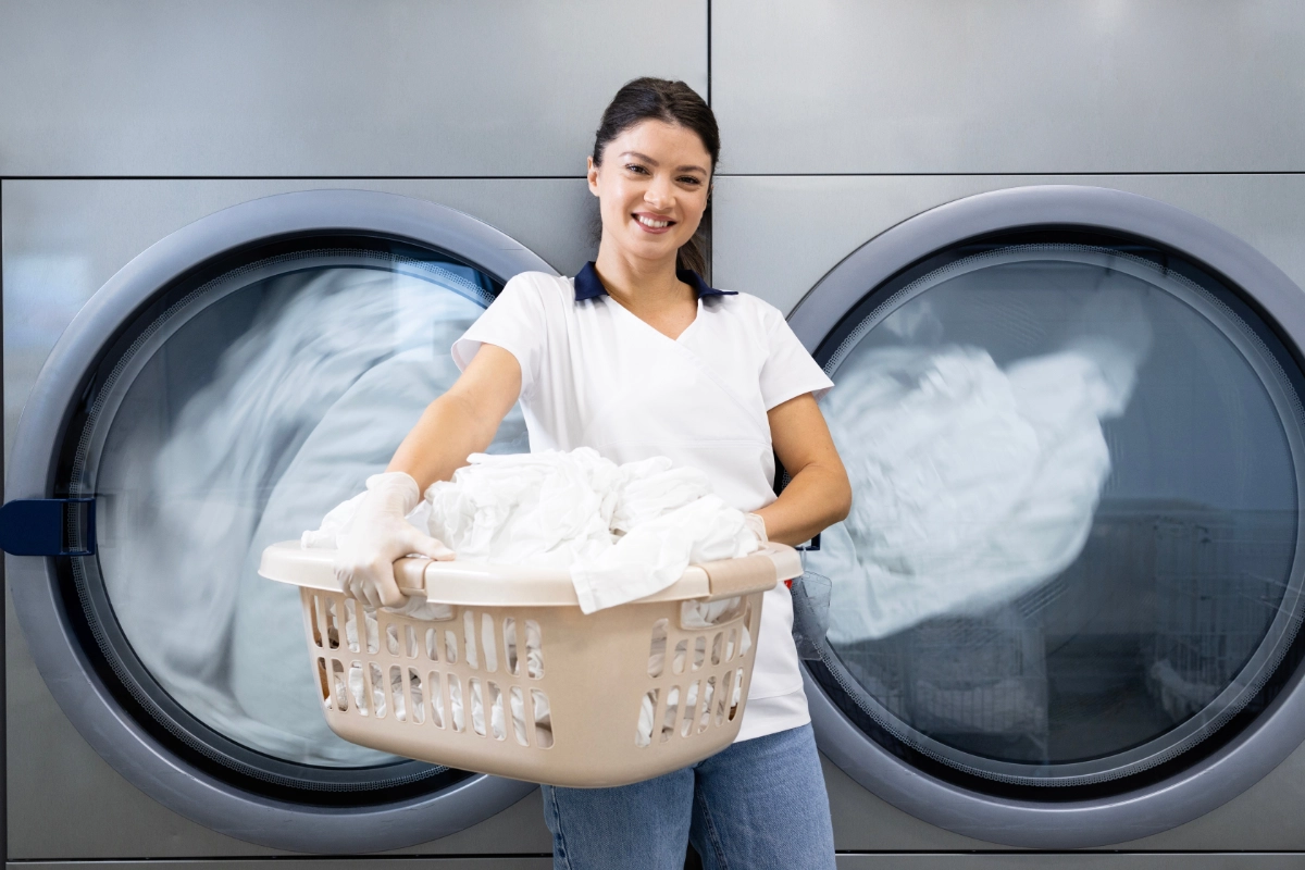 Laundry Worker In Front Of Two Big Washers With Basket 1200X800